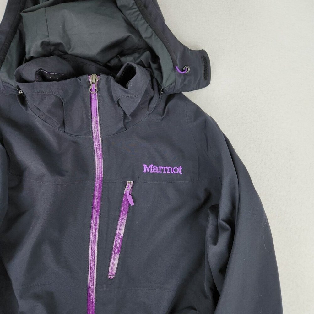 Marmot Jacket Women Medium Black Purple Membrain Rain Hooded Lightweight Outdoor - Picture 2 of 13
